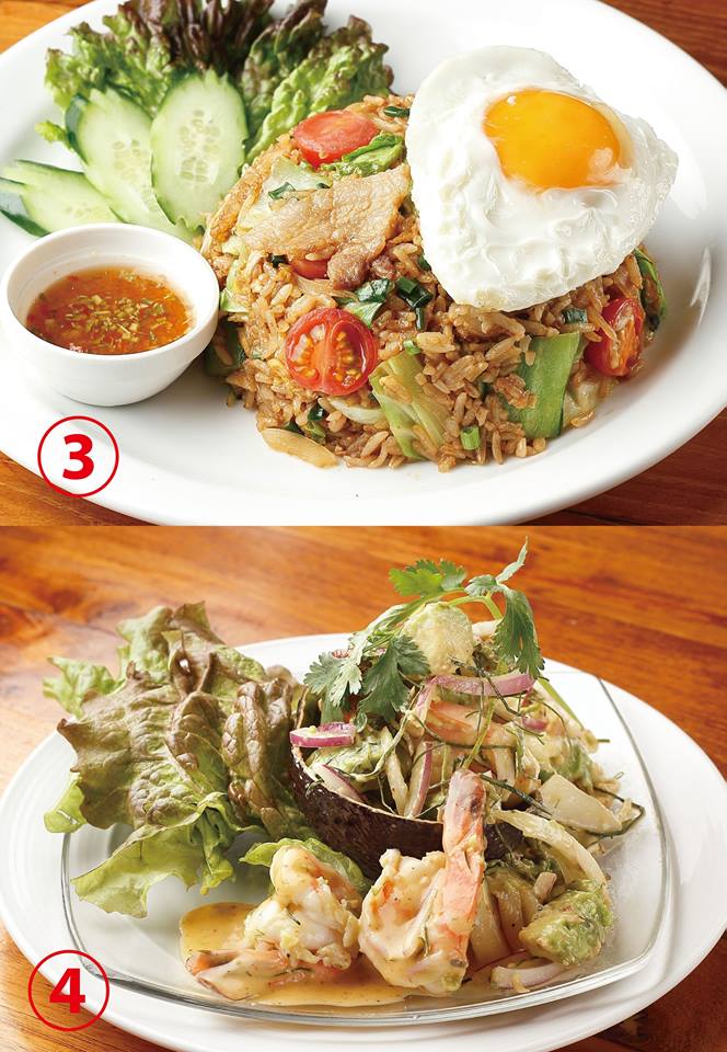 夜行列車風の黒チャーハン(パッタイ)・パクチードレッシングで和えた エビとアボカドのサラダ(ヤムアボカド)
